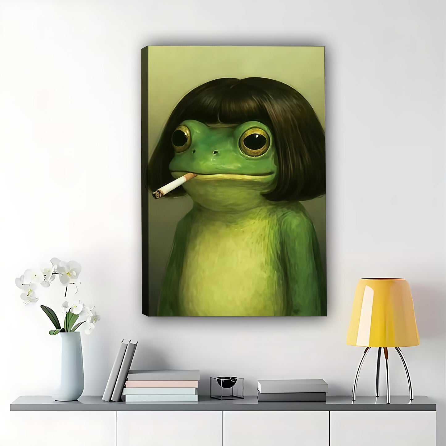 The Cool Frog Figure – Retro Edgy Wall Art on Natural Wood Canvas