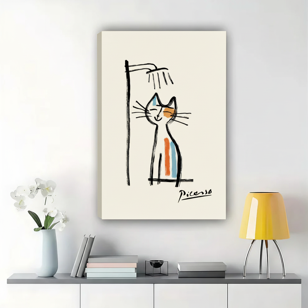 Picasso-Style Cat in Shower Wall Art – Minimalist Line Art Cat Canvas Print on Natural Wood Frame