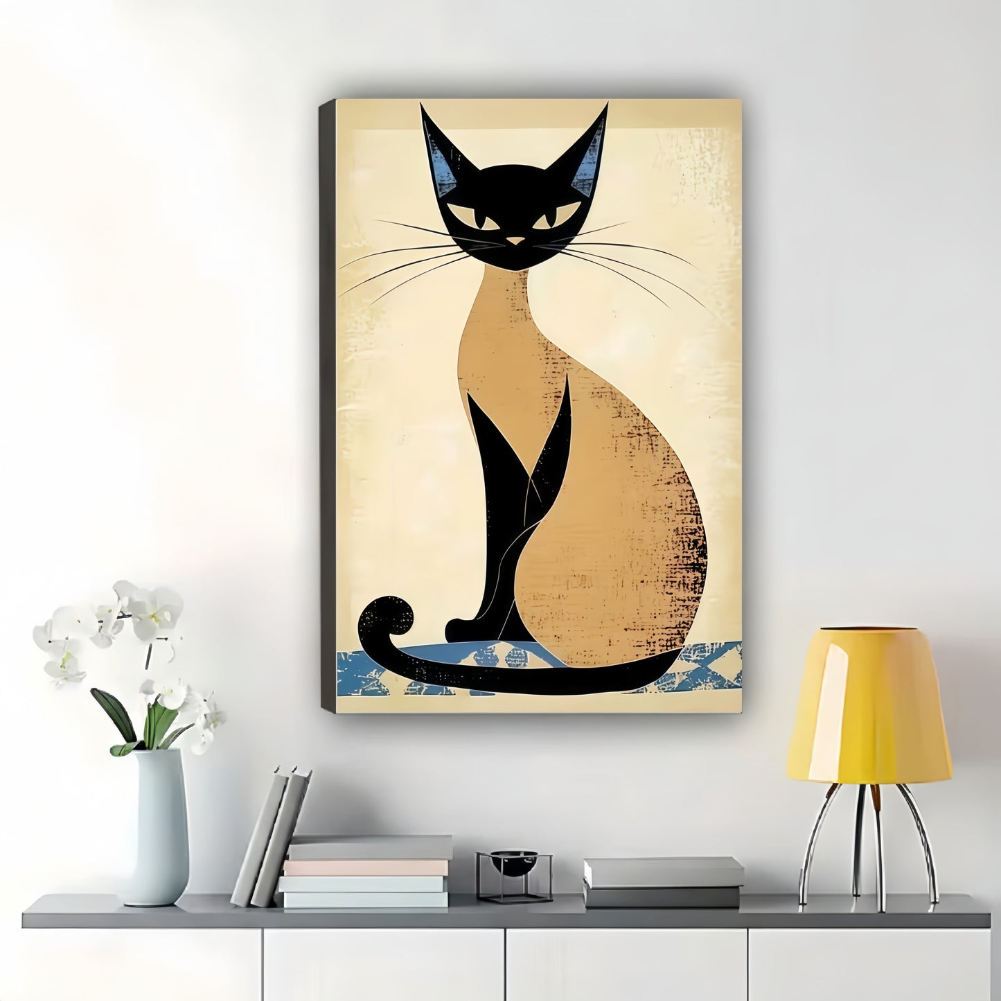 The Vintage Elegant Siamese Cat – Classic Retro Wall Art on Natural Wood Canvas