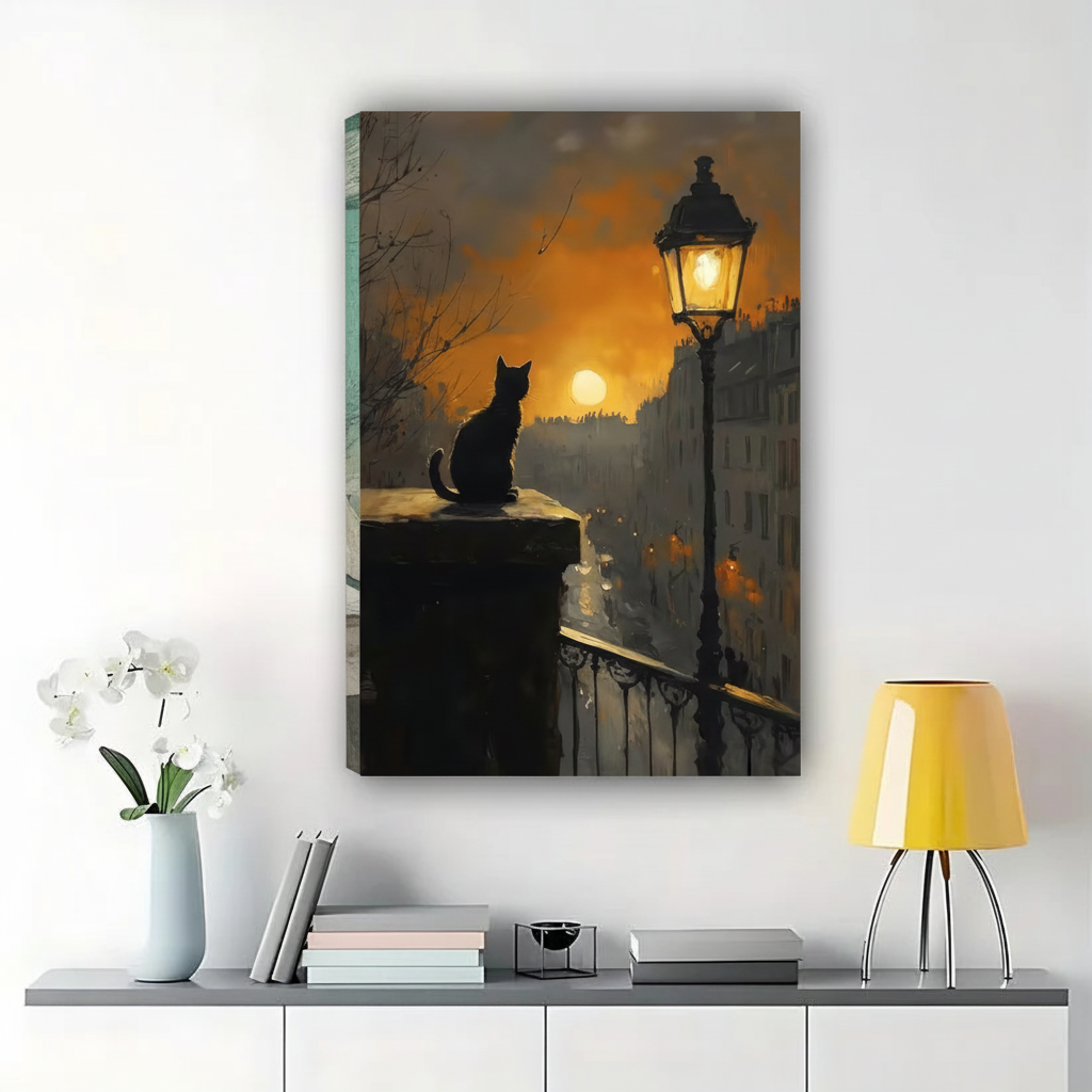 Black Cat by Lantern at Night Wall Art – Atmospheric Evening Cat Canvas Print on Natural Wood Frame