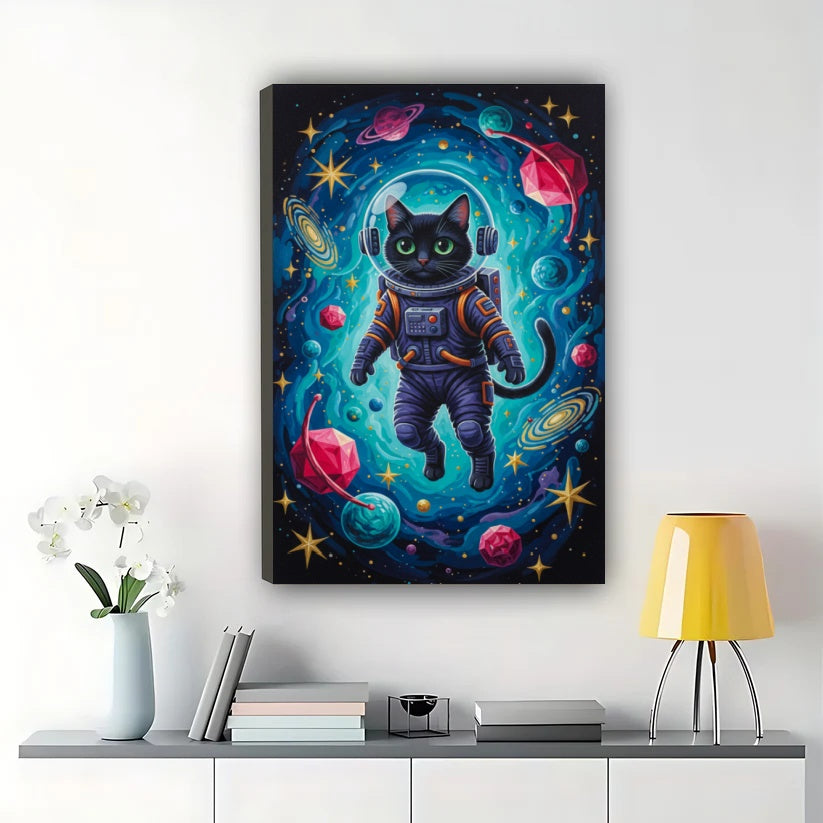 Astronaut Black Cat in Cosmic Space – Sci-Fi Whimsical Wall Art on Natural Wood Canvas