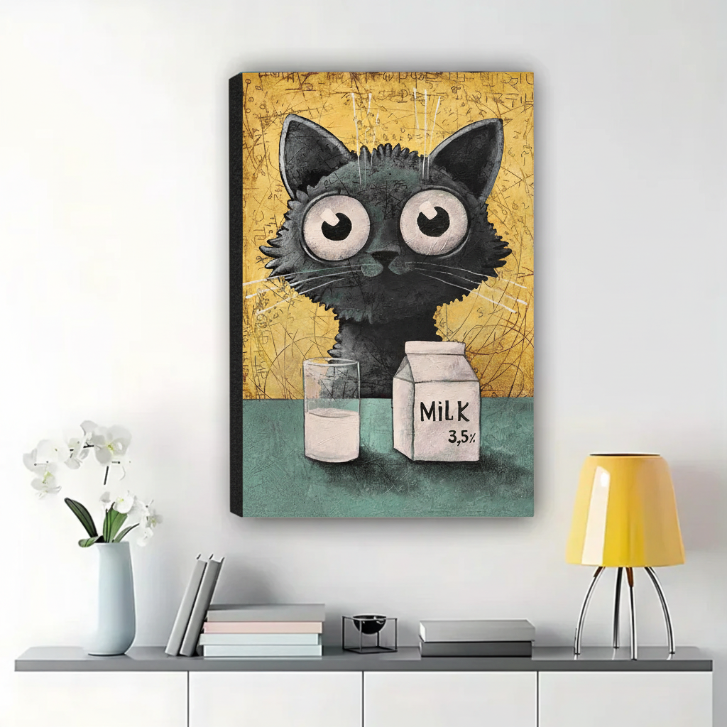 Fluffy Black Cat with Milk Carton Wall Art – Cute Quirky Cat Canvas Print on Natural Wood Frame