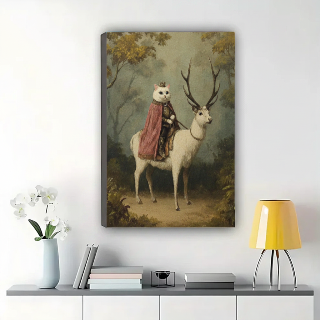 Royal Cat Riding White Stag Wall Art – Whimsical Dark Fantasy Canvas Print on Natural Wood Frame