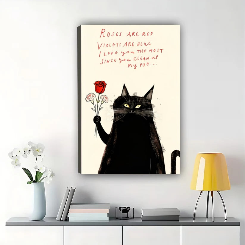Black Cat with Rose & Romantic Poem – Humorous Valentine’s Wall Art on Natural Wood Canvas