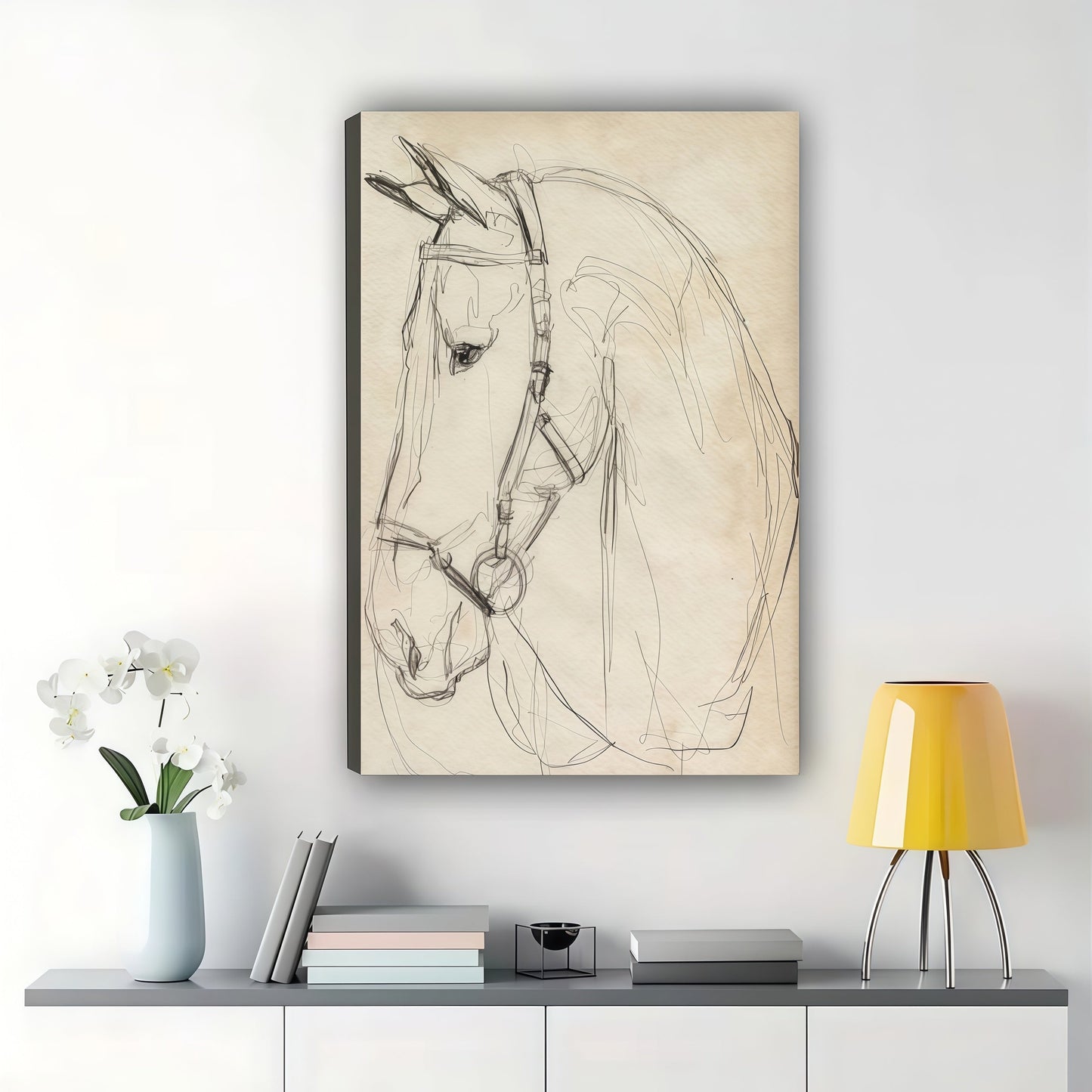Minimalist Horse Head Sketch – Modern Equine Wall Art on Natural Wood Canvas