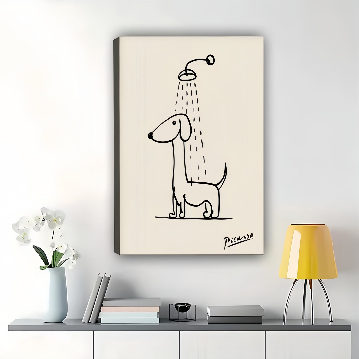 Minimalist Line Art Dachshund Shower – Whimsical Pet Wall Art on Natural Wood Canvas