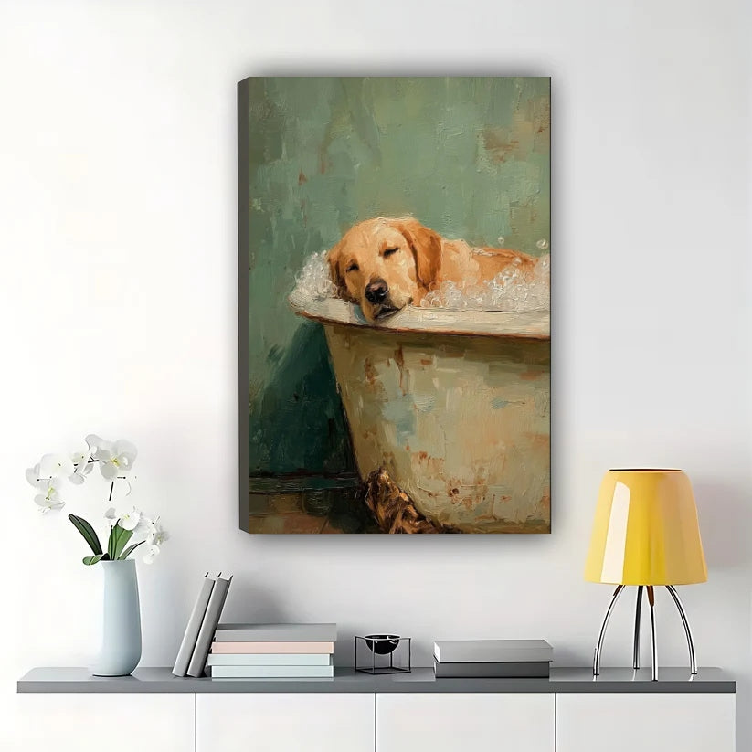 Golden Retriever Bath Time Wall Art – Cute Relaxed Dog Bathtub Framed Canvas Painting