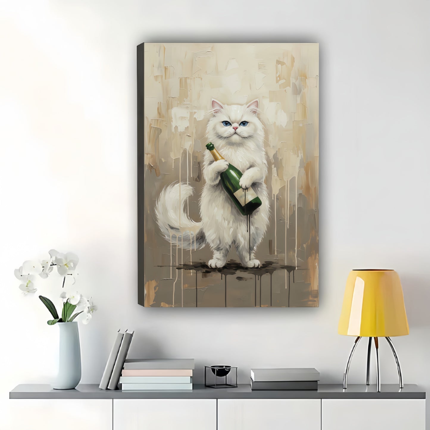 The Champagne-Toting White Cat – Artistic Luxe Wall Art on Natural Wood Canvas