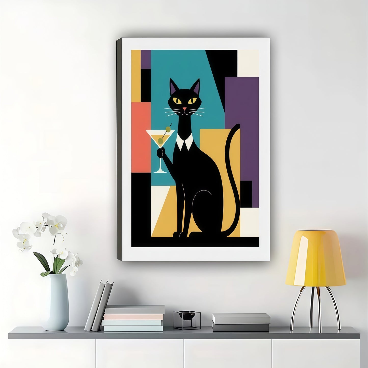 The Geometric Black Cat – Modern Mondrian-Style Wall Art on Natural Wood Canvas
