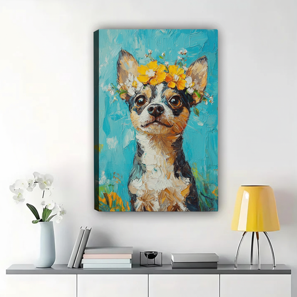 Chihuahua with Flower Crown Wall Art - Oil Painting Style Canvas Print