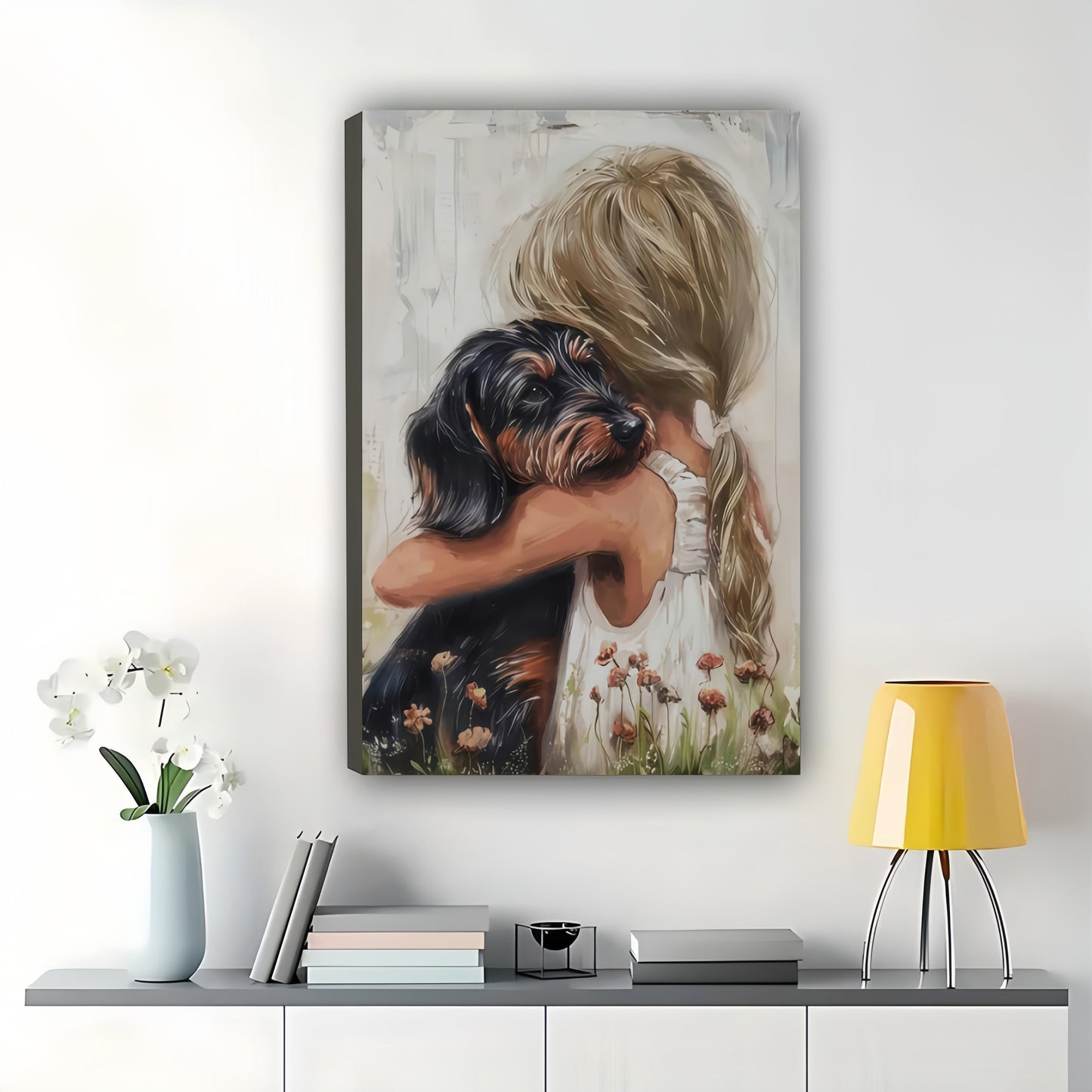 Girl Hugging Dachshund in Wildflowers – Heartwarming Pet Wall Art on Natural Wood Canvas