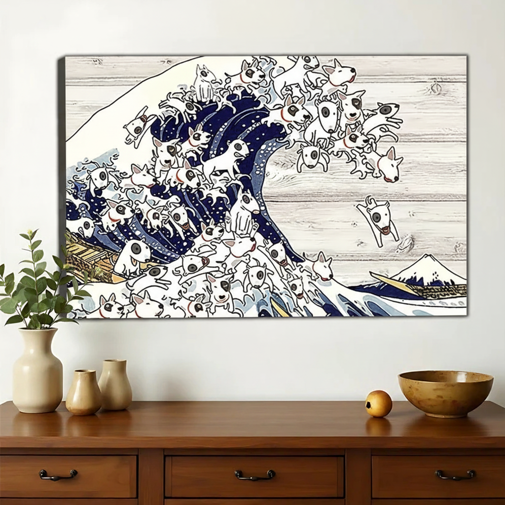 The Great Wave Dog – Ukiyo-e Inspired Artistic Wall Art on Natural Wood Canvas