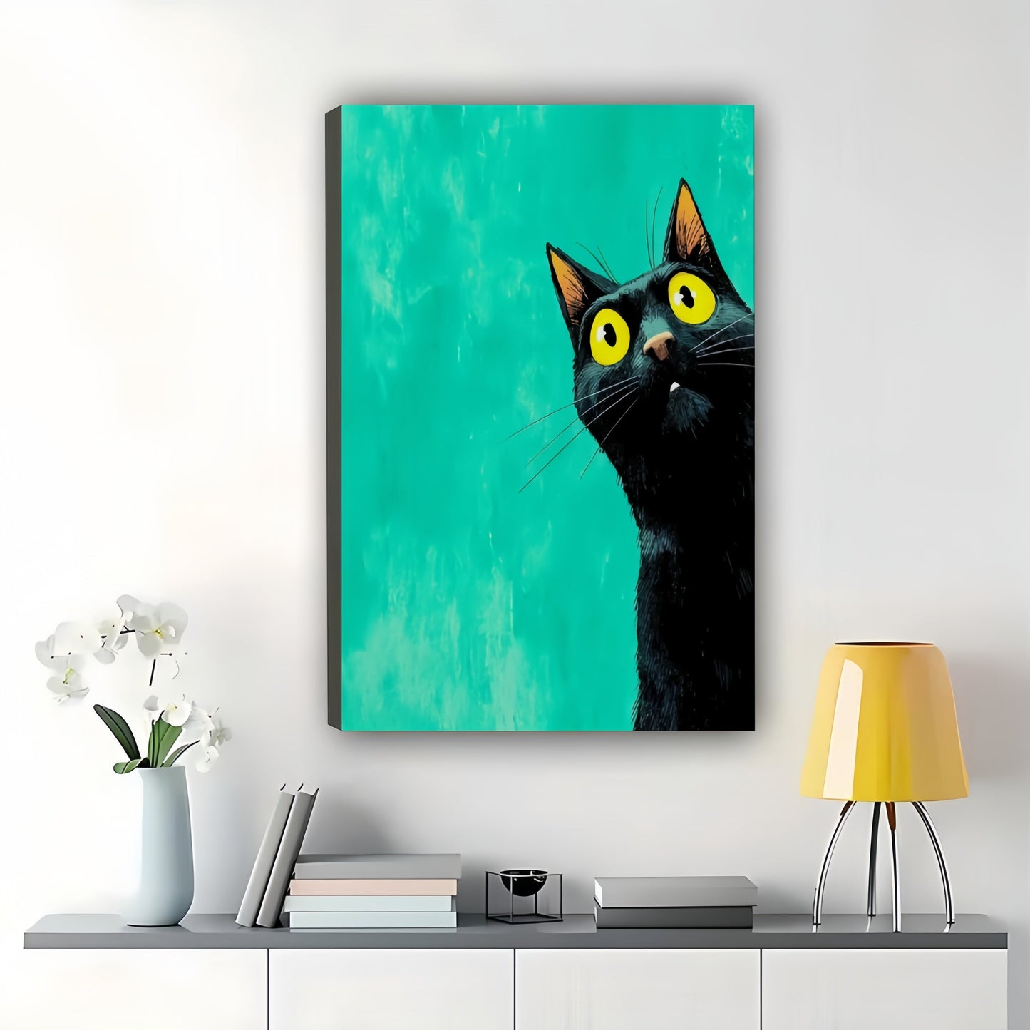 The Green-Background Big-Eyed Black Cat – Minimalist Cute Wall Art on Natural Wood Canvas
