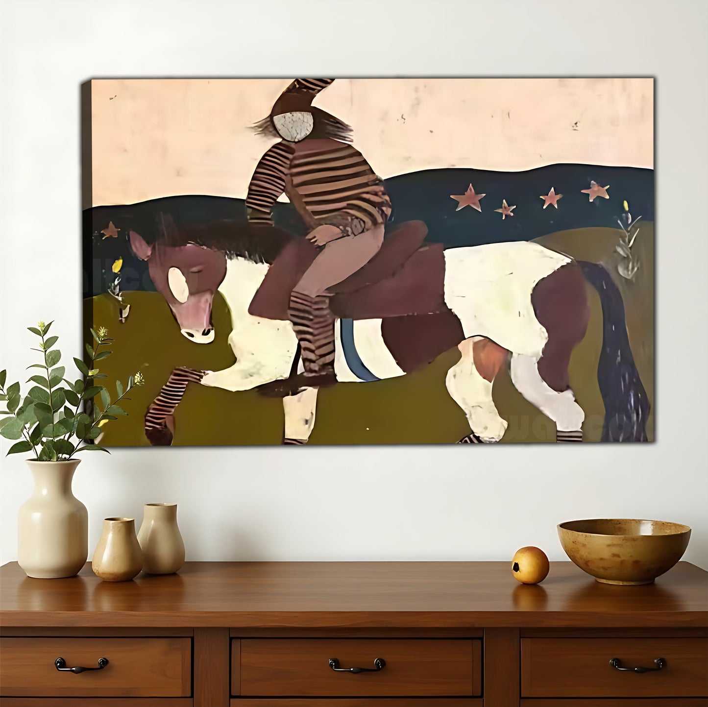 The Bohemian Horse Rider – Abstract Folk Wall Art on Natural Wood Canvas
