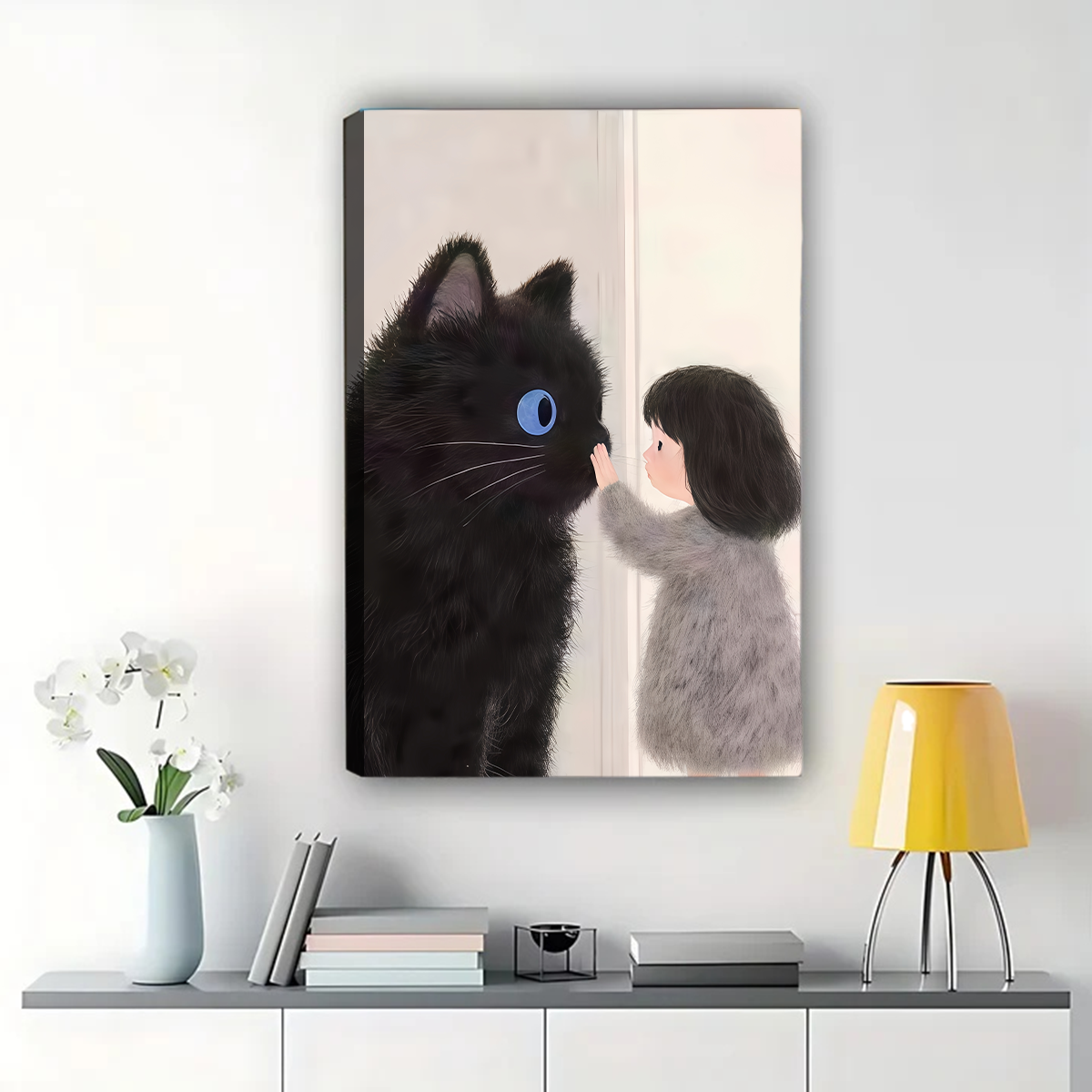 Girl with Black Cat Wall Art - Whimsical Children's Room Decor
