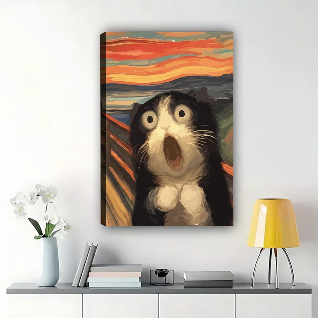 The Scream Cat Parody Wall Art – Funny Munch-Inspired Canvas Print on Natural Wood Frame