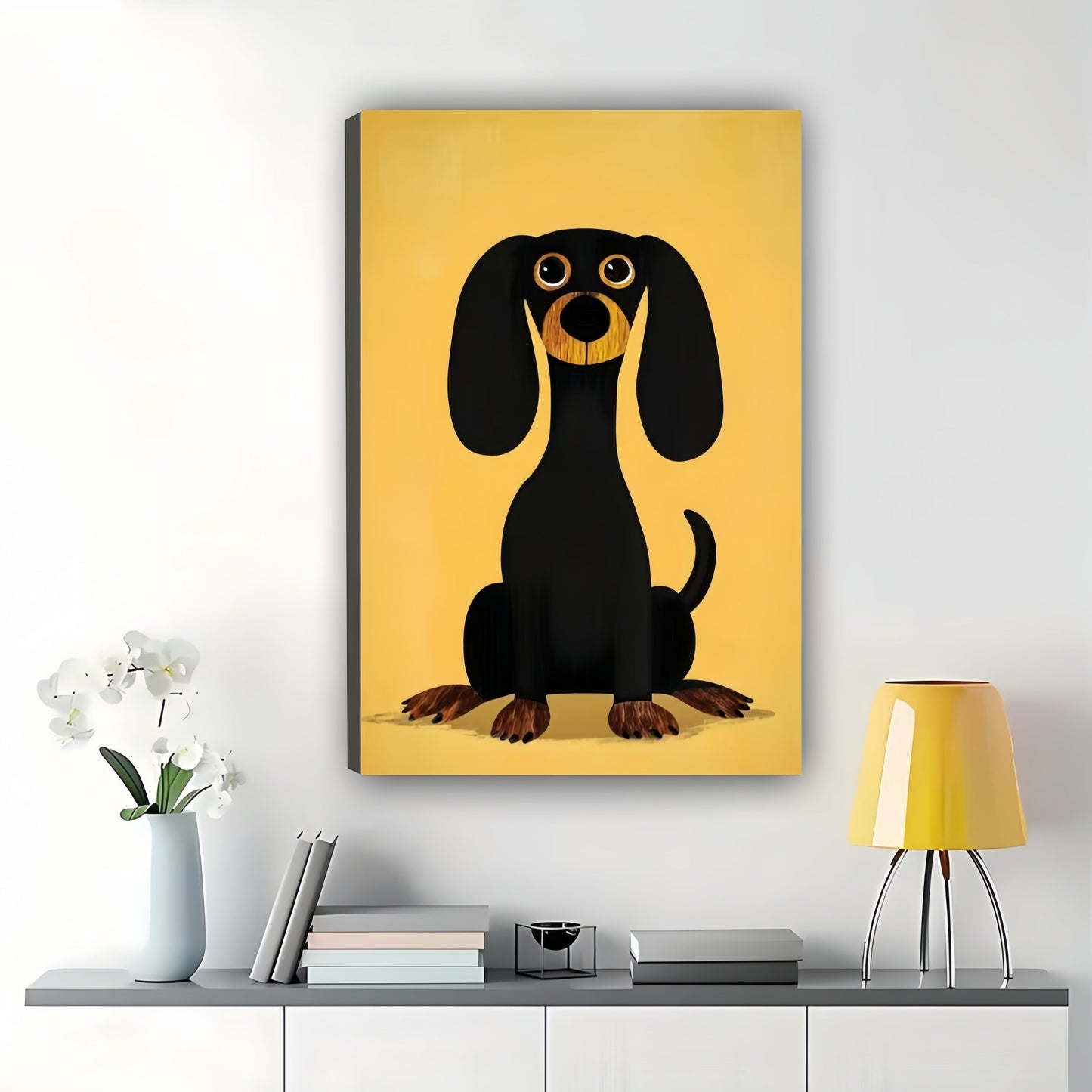 The Yellow-Background Cartoon Dachshund – Bold Playful Wall Art on Natural Wood Canvas