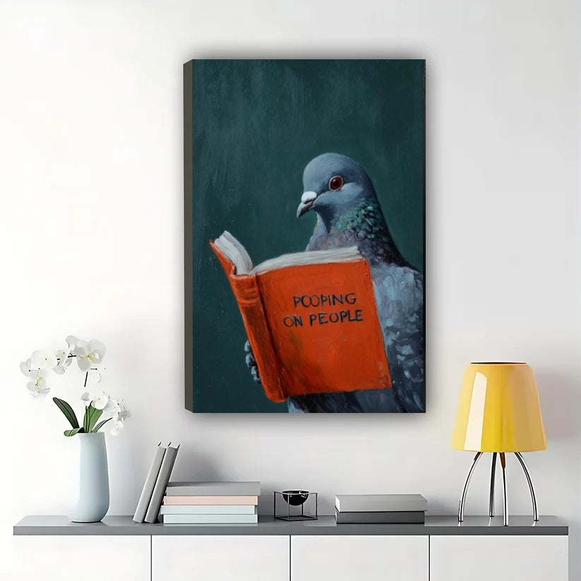 Pigeon Reading “F**king for Pleasure” – Humorous Pop Art Wall Art on Natural Wood Canvas