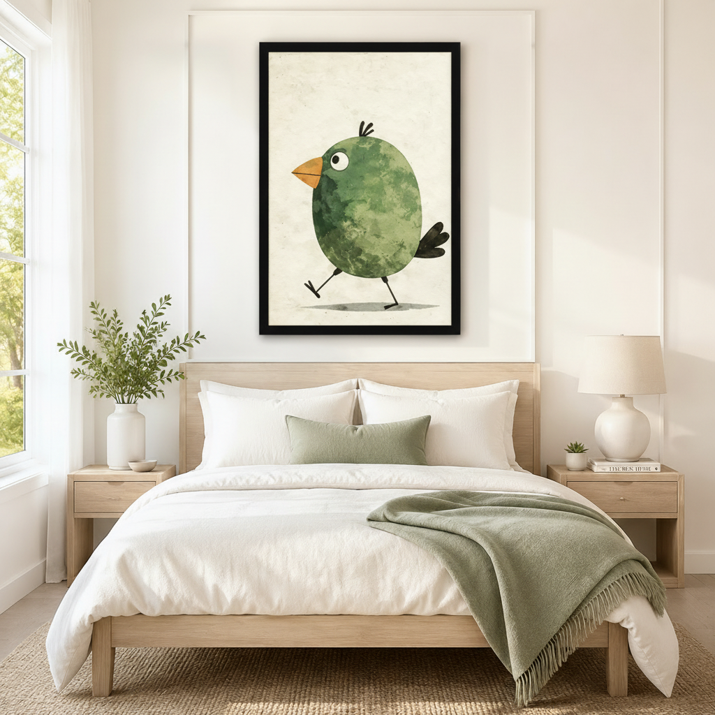 Cute Green Bird Watercolor Whimsical Canvas Wall Art