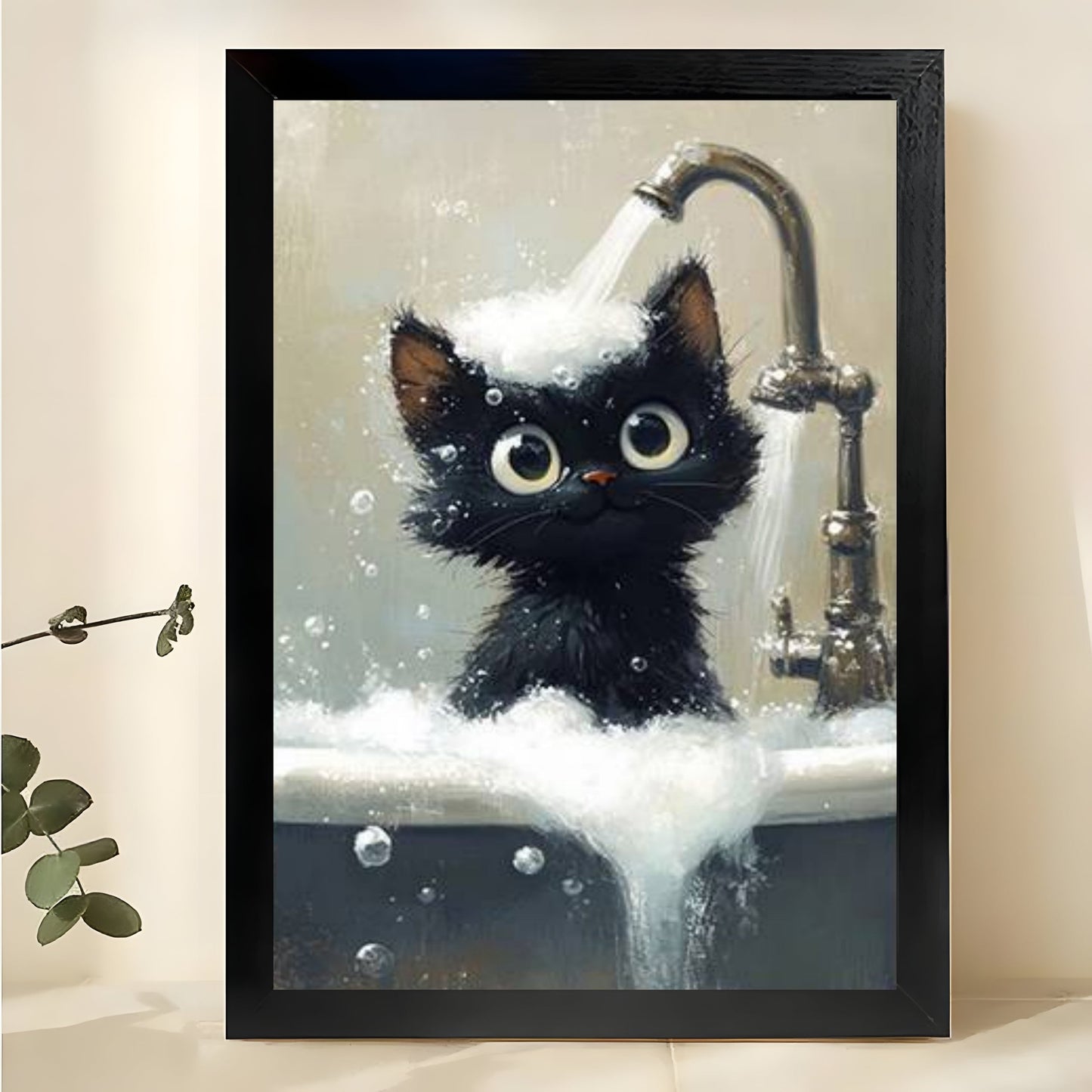 The Bubbly Bathtub Cat – Cute Cat Wall Art on Natural Wood Canvas