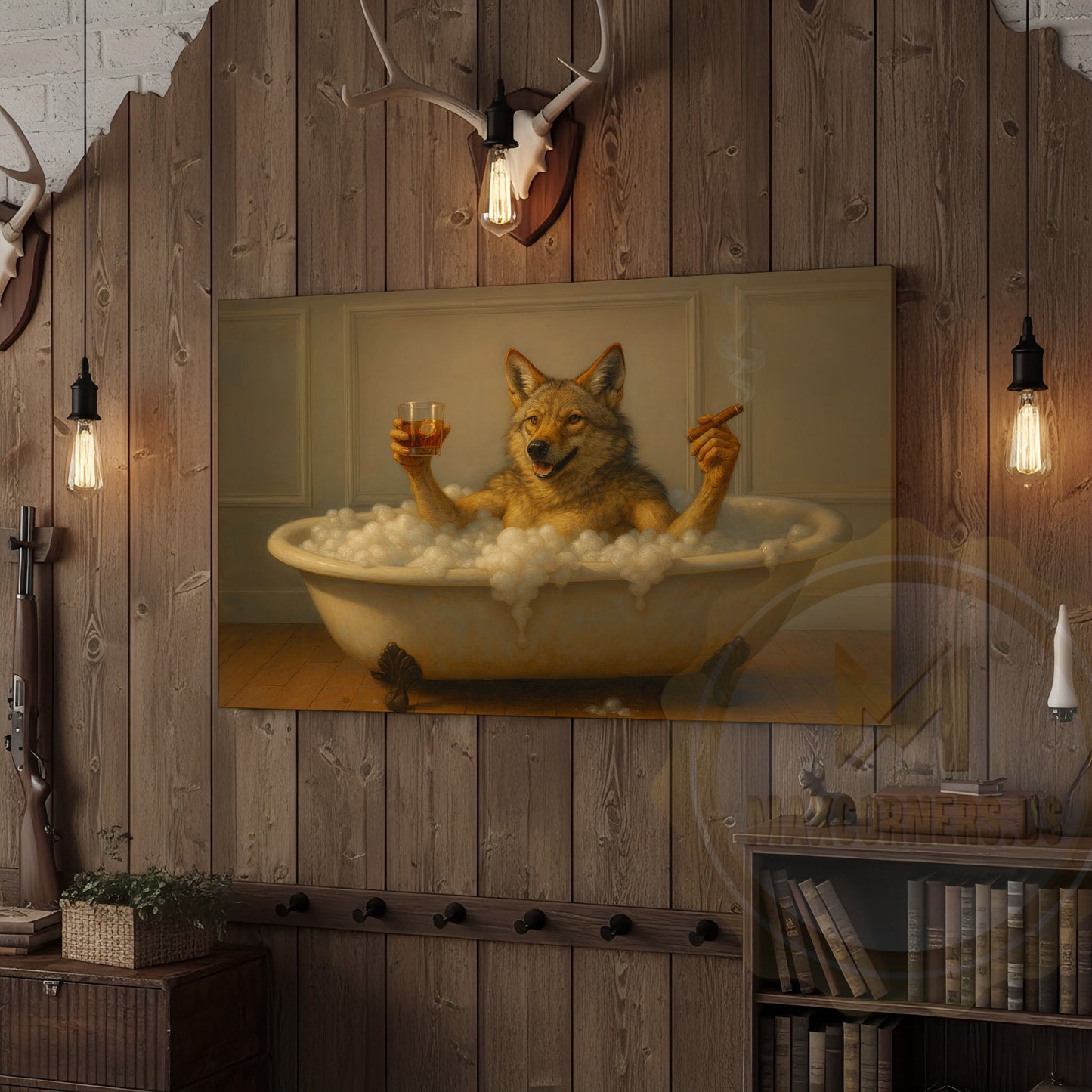 Deer Drinking Coffee in Robe and Glasses Wrapped Canvas