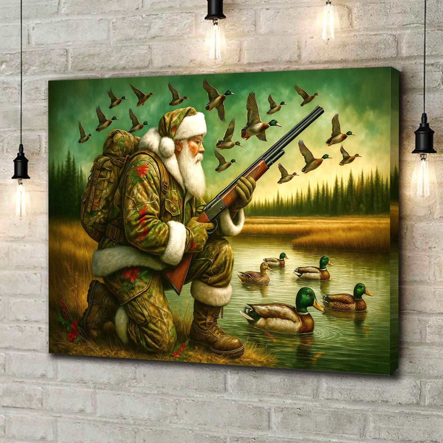Santa Duck Hunting Canvas Wall Art, Rustic Christmas Cabin Decor, Outdoor Waterfowl Hunter Gift for Holiday Season