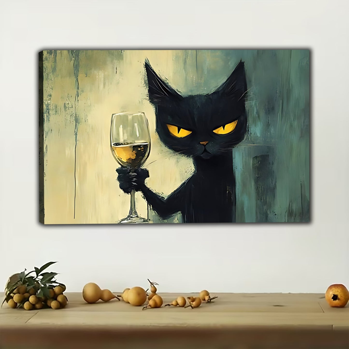 Cheers Black Cat – Vintage Cat Wall Art on Natural Wood Canvas