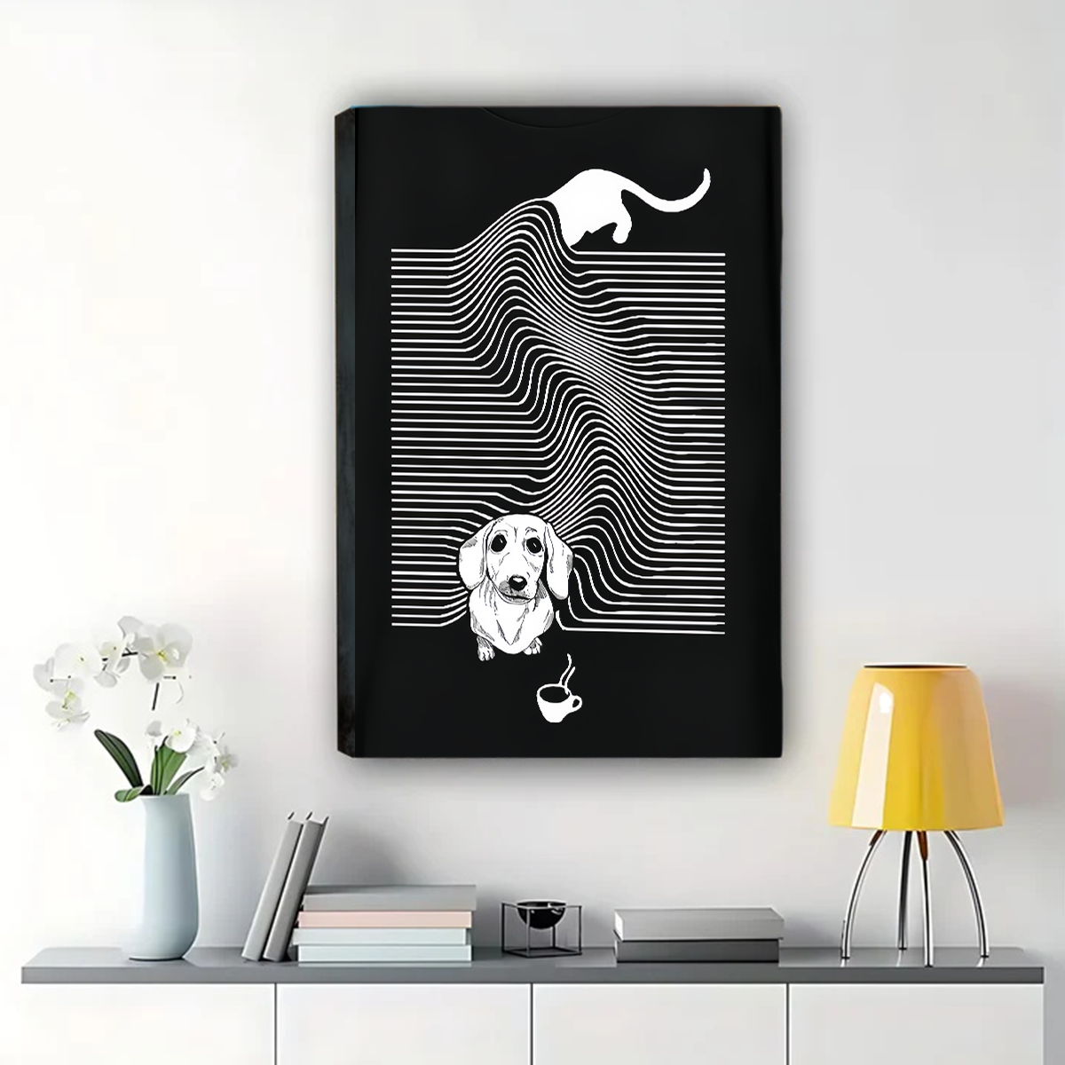 Dachshund Coffee Wave Art - Modern Graphic Print Canvas Wall Art
