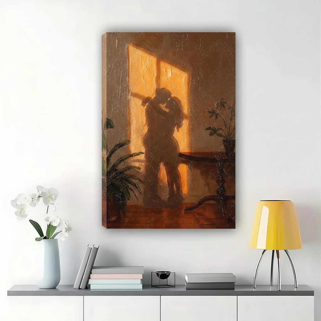 Lovers Embracing by the Rain Window Wall Art – Romantic Dark Oil Painting Canvas Print on Natural Wood Frame