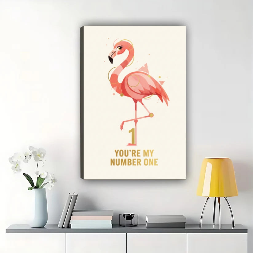 Retro Inspirational “You’re My Favorite” Flamingo Illustration – Pink Toned Wall Art on Natural Wood Canvas