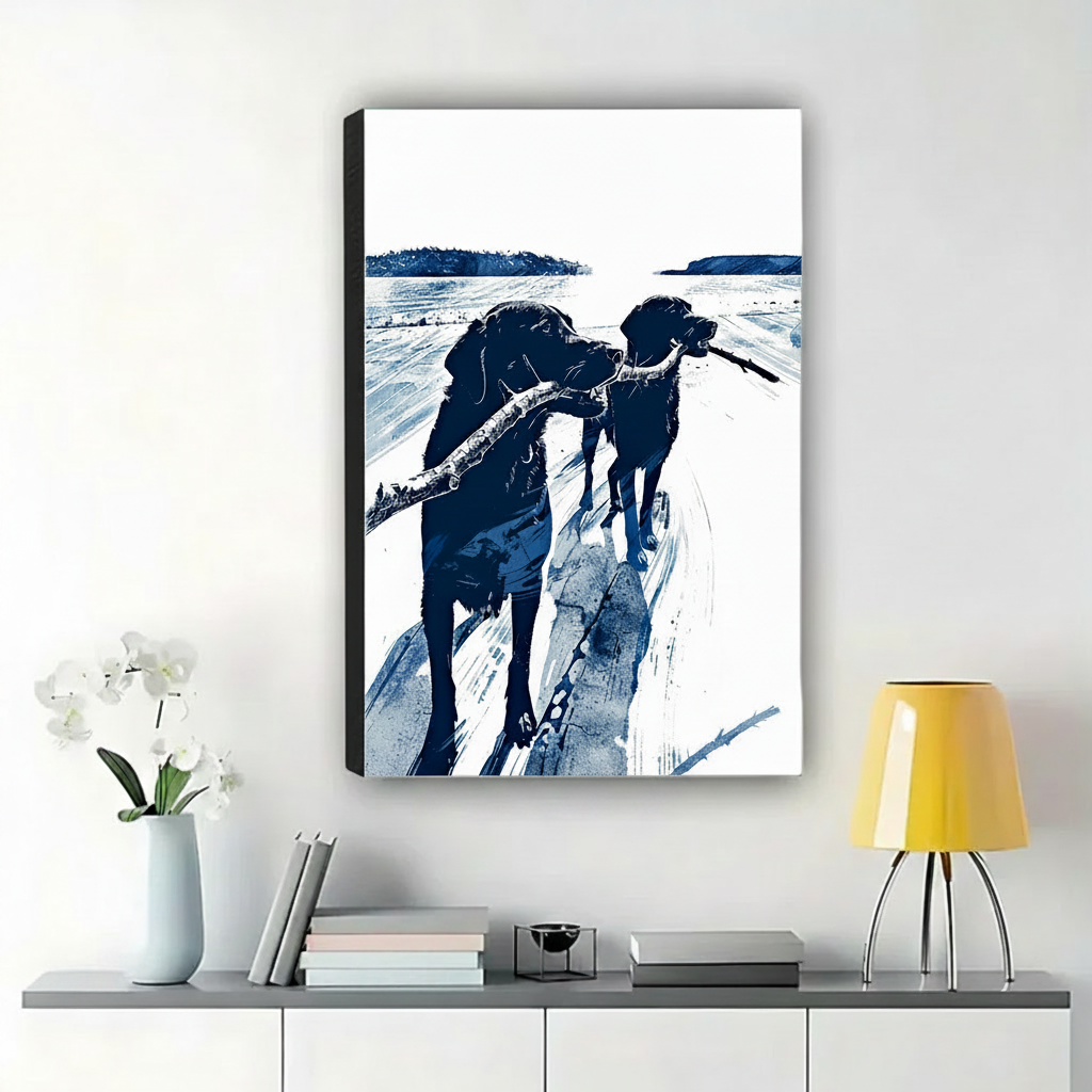 Two Labradors Sharing a Stick on the Beach Wall Art – Bold Indigo Graphic Canvas Print on Natural Wood Frame