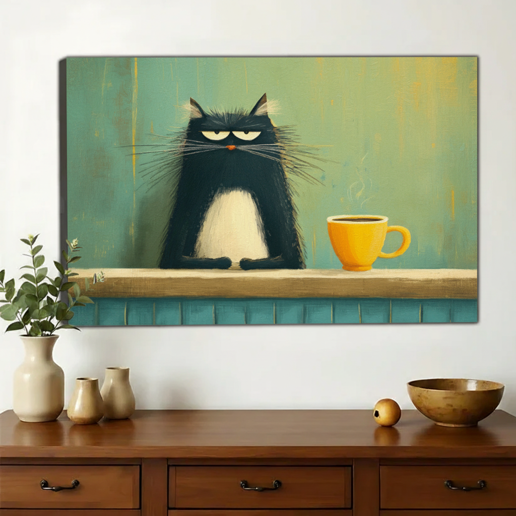 Grumpy Black Cat with Coffee Wall Art – Moody Morning Cat Canvas Print on Natural Wood Frame