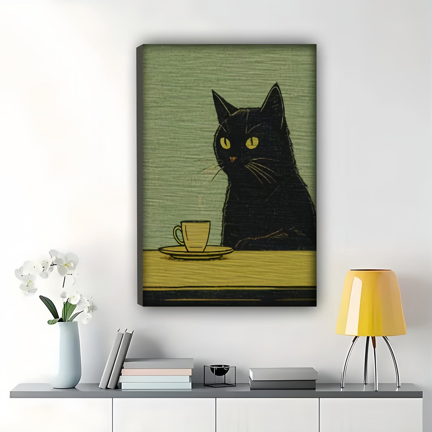 Mini Black Cat with Coffee Cup – Vintage Tiny Wall Art on Natural Wood Canvas