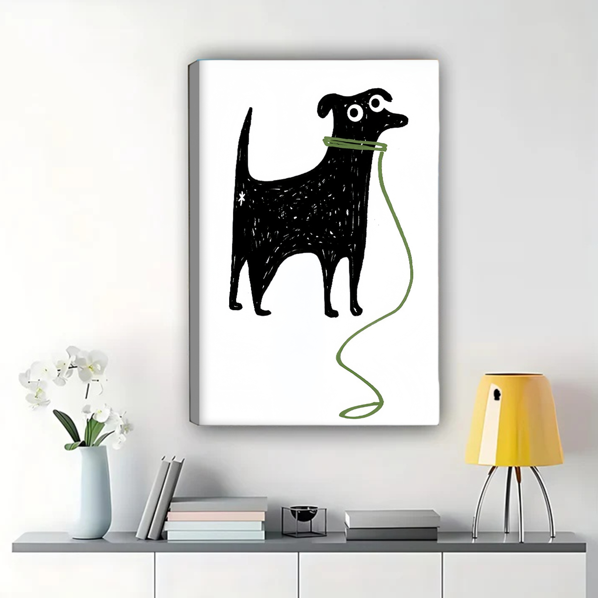 Dog with Leash Wall Art - Minimalist Line Drawing Print