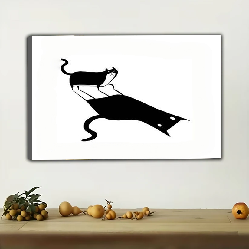 Cat Shadow Silhouette Wall Art - Playful Black and White Print