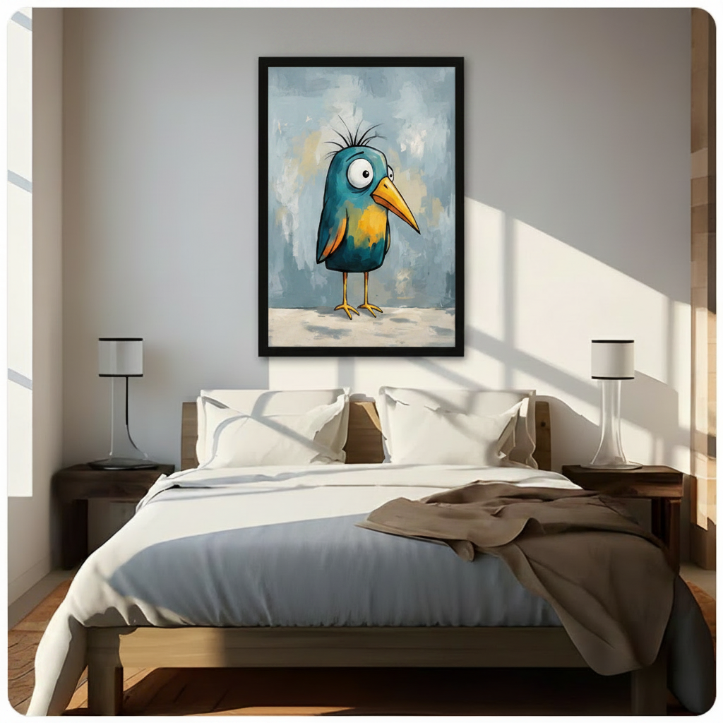Quirky Blue Bird Whimsical Canvas Wall Art