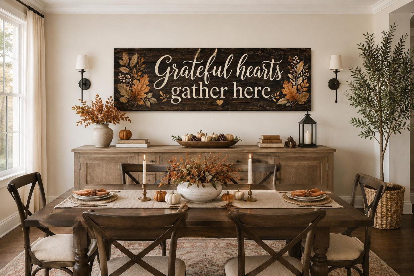 Grateful Hearts Gather Here Thanksgiving Fall Farmhouse Sign For Dining Room Canvas Wall Art