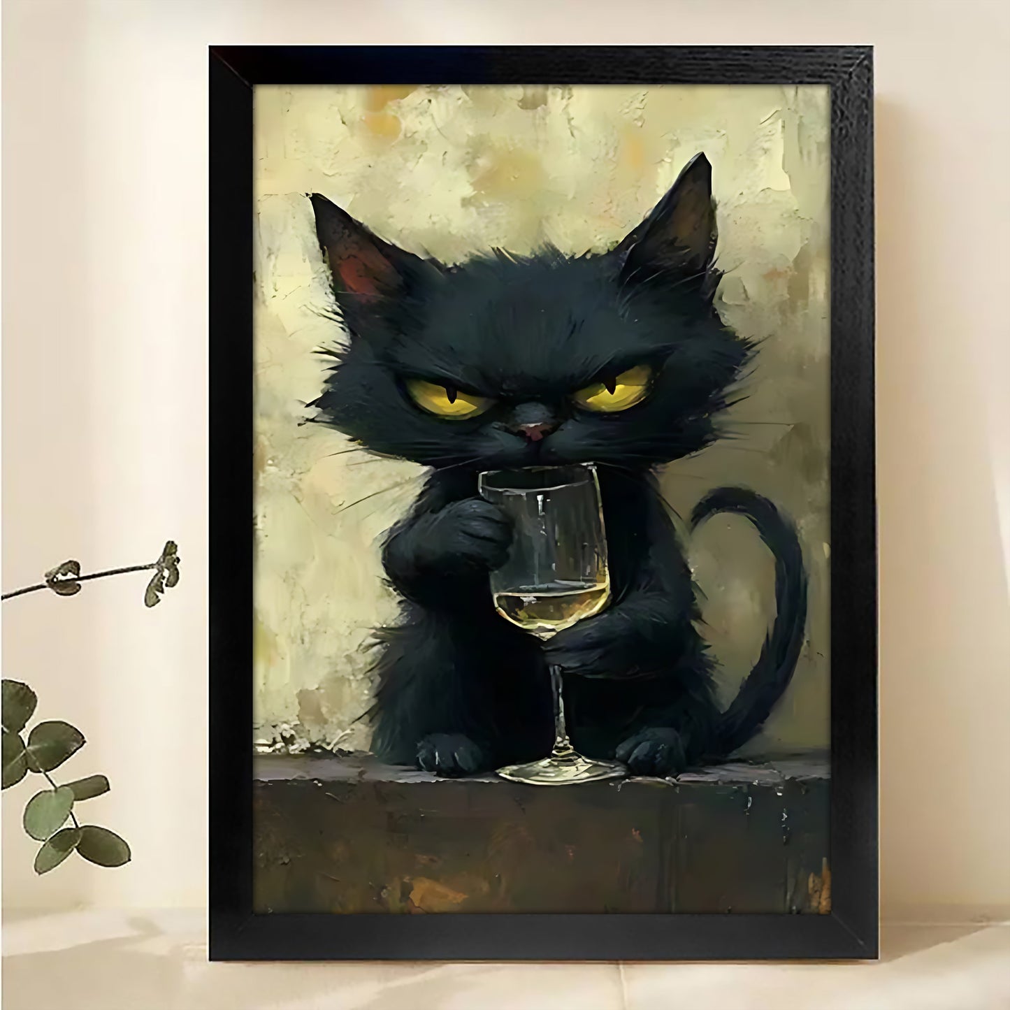 The Sophisticated Black Cat – Elegant Cat Wall Art on Natural Wood Canvas