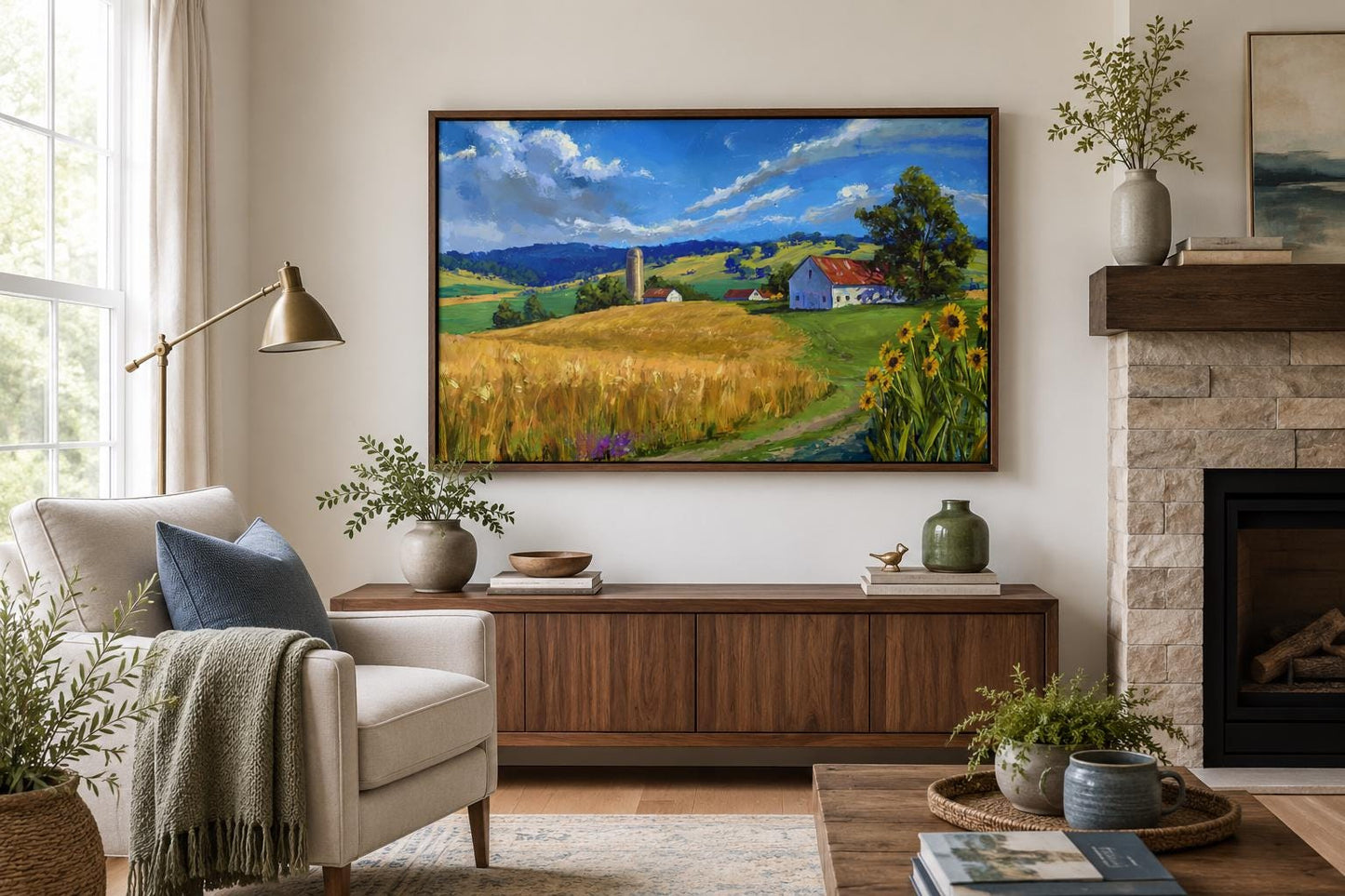 Farmhouse Landscape Wall Art - Impressionist Wheat Field with Sunflowers Canvas Print