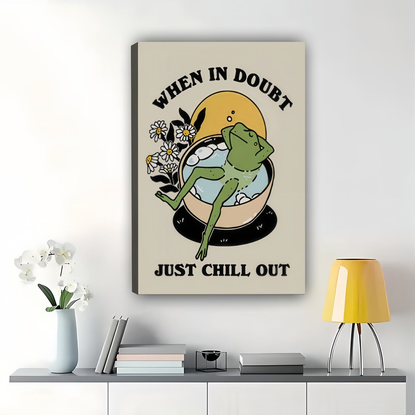 “When In Doubt Just Chill Out” Frog Bath – Relaxing Motivational Wall Art on Natural Wood Canvas