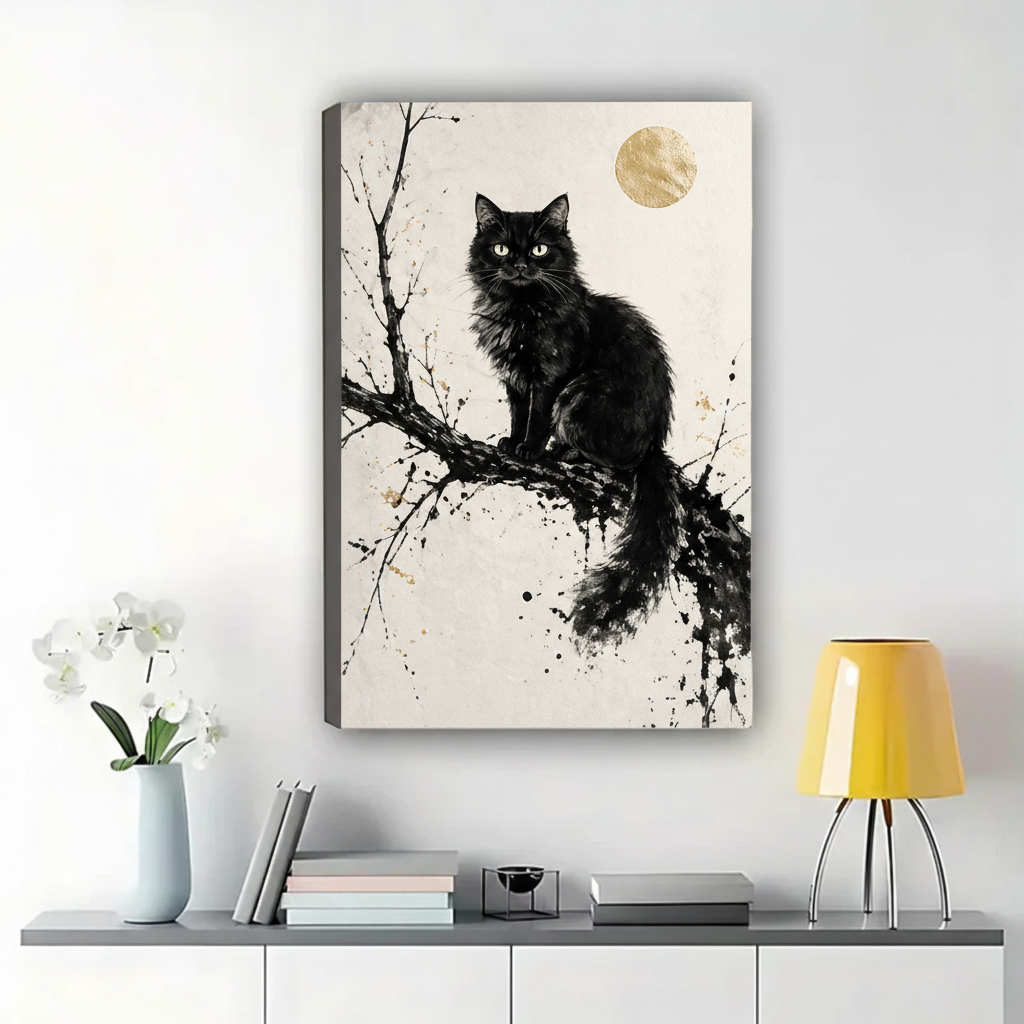 Black Cat Under Gold Moon Wall Art – Minimalist Ink Art Canvas Print on Natural Wood Frame