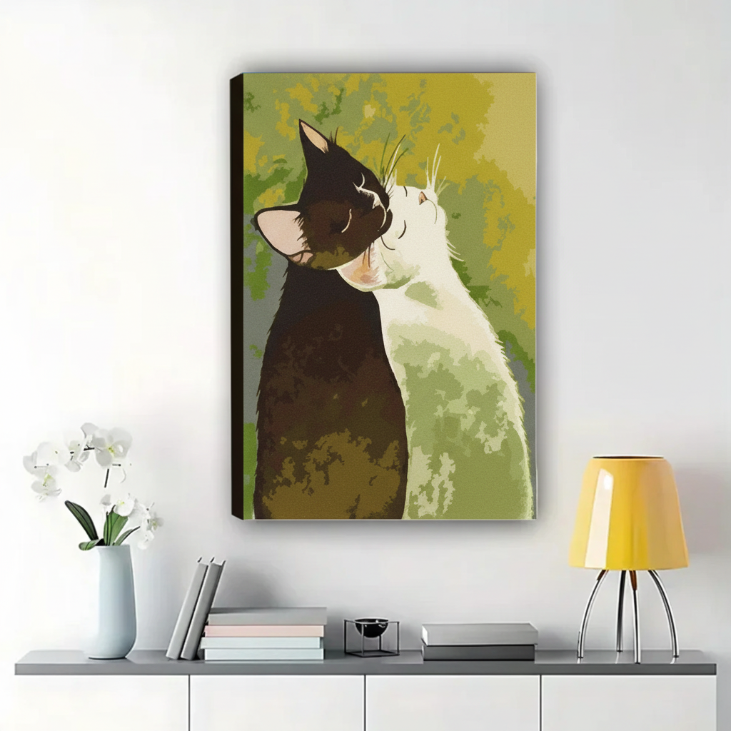 Black & White Cats in Love Wall Art – Romantic Watercolor Canvas Print on Natural Wood Frame