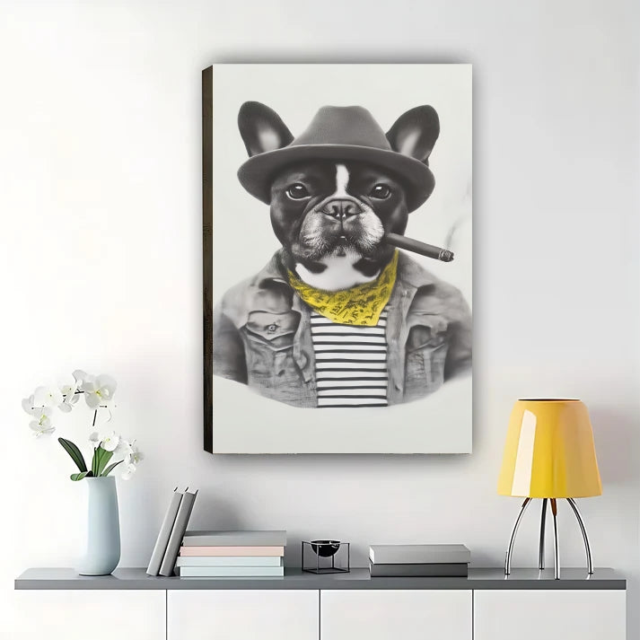 French Bulldog Cowboy Art – Cool Dog with Cigar Framed Print Canvas Wall Art