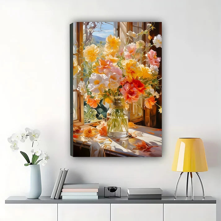 Window Floral Vase Canvas Art - Cottage Garden Wall Print