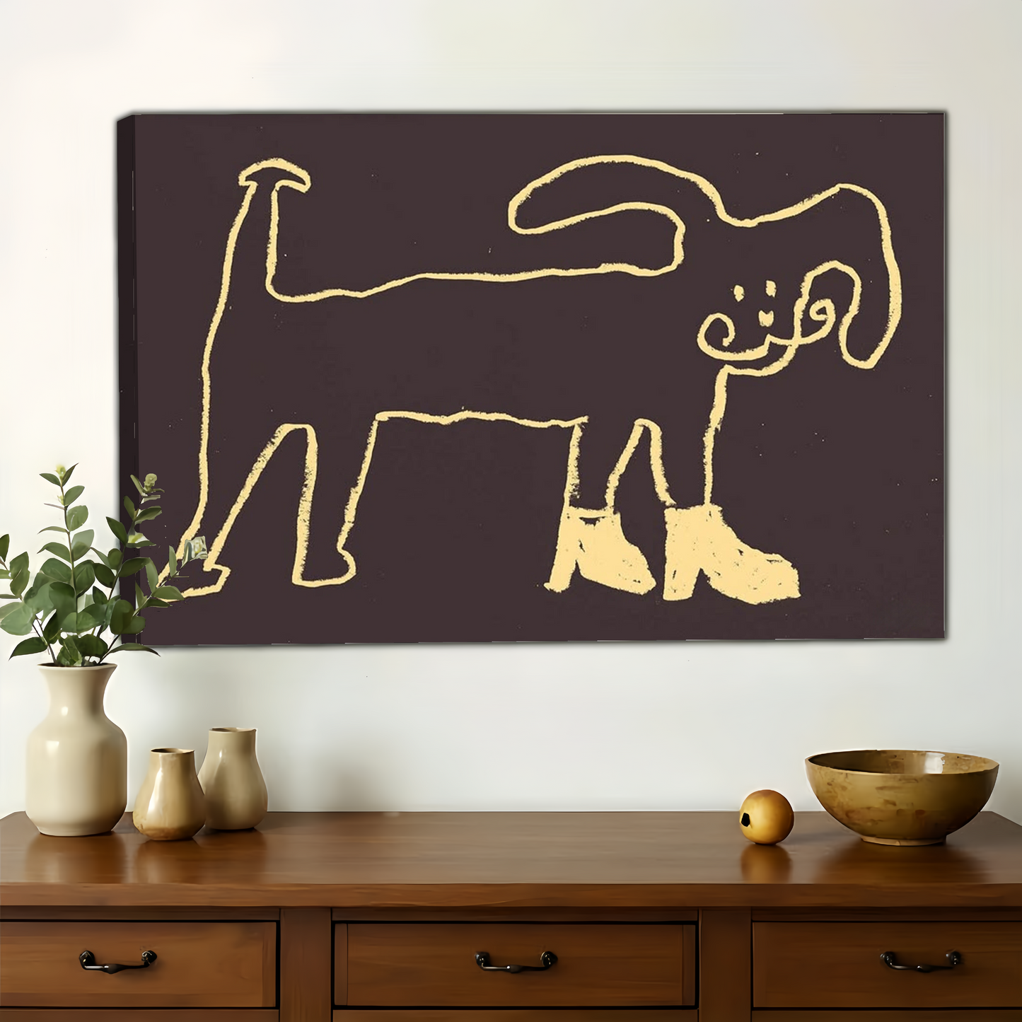 Dog in Boots Line Art Wall Art - Quirky Minimalist Gold Canvas Prin