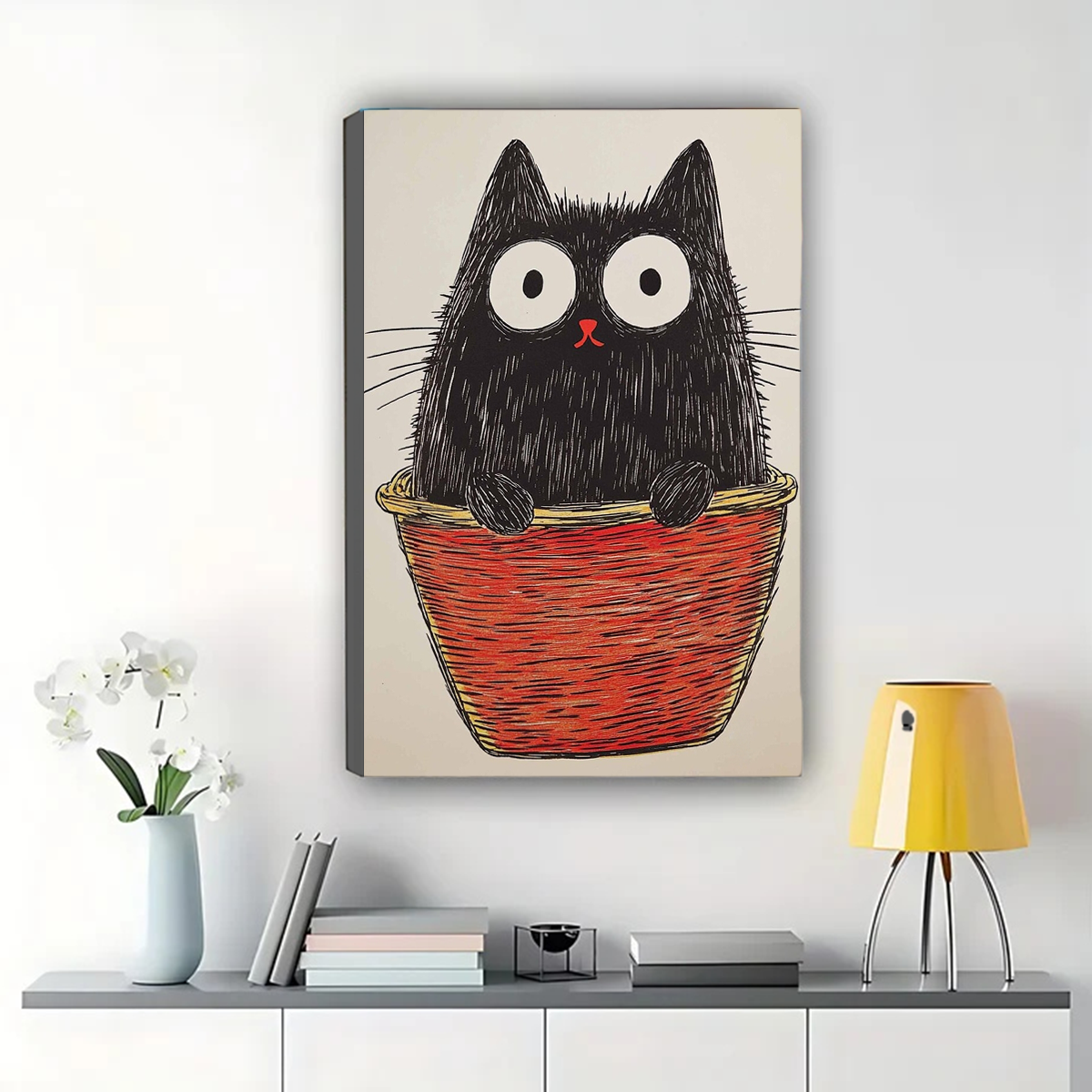Fluffy Black Cat in Red Basket Wall Art - Quirky Sketch Canvas Print