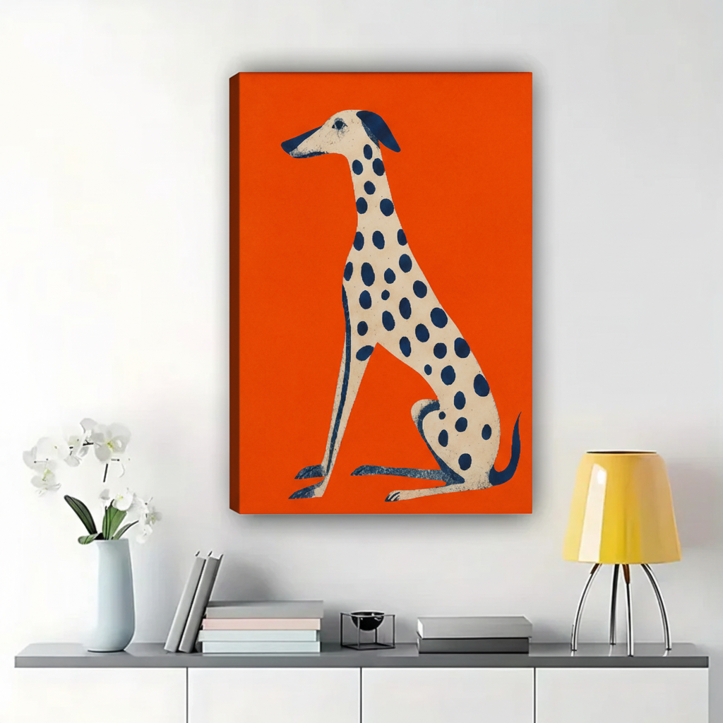 Spotted Greyhound Wall Art – Bold Retro Graphic Dog Canvas Print on Natural Wood Frame