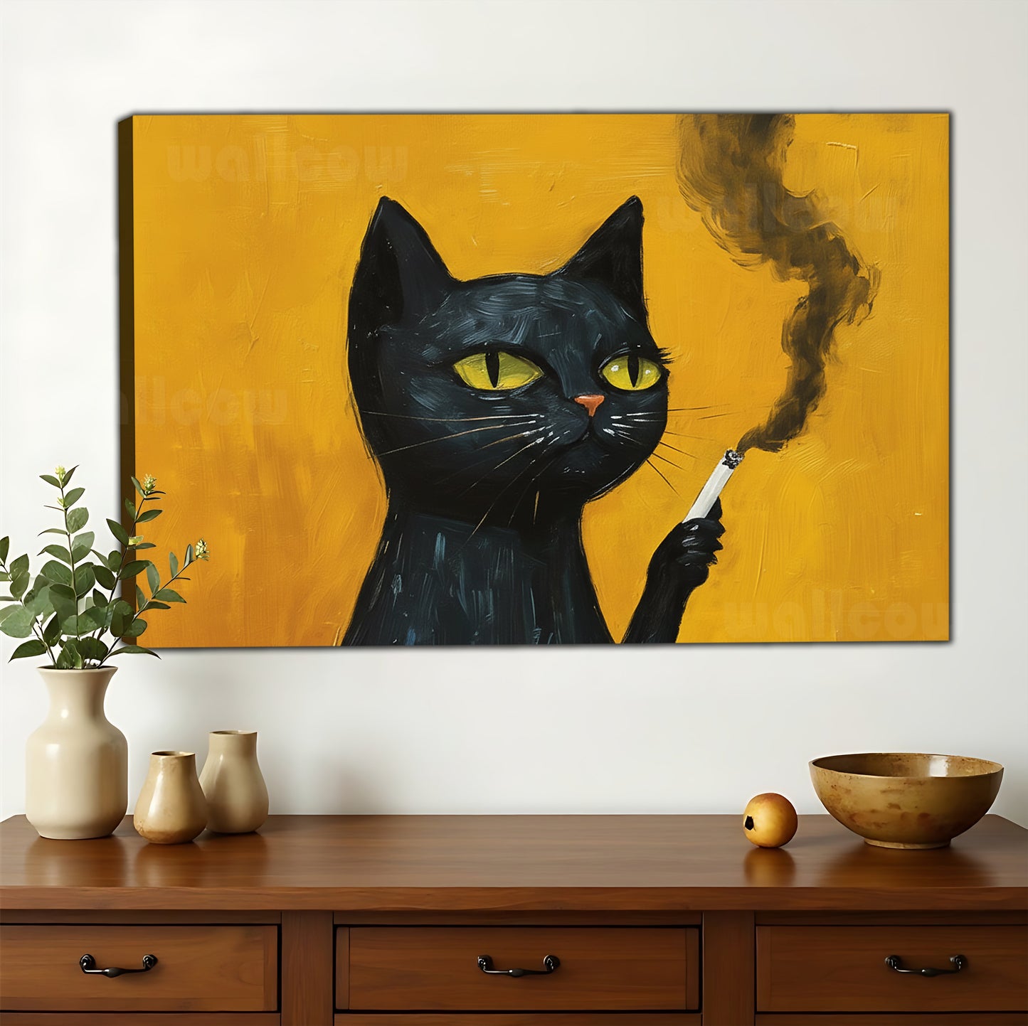 Retro Smoking Black Cat – Bold Yellow Background Wall Art on Natural Wood Canvas