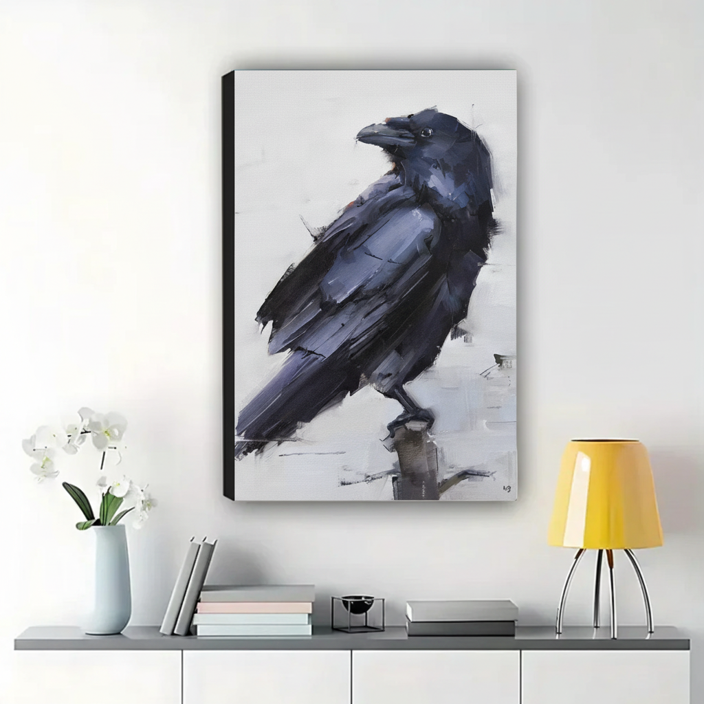 Raven Portrait Wall Art – Dark Academia Impasto Oil Painting Canvas Print on Natural Wood Frame