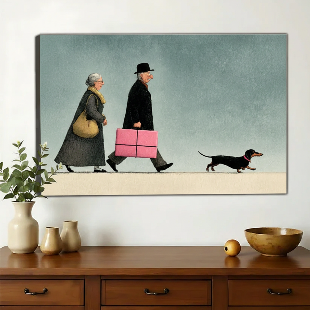Elderly Couple and Dachshund Wall Art – Charming Whimsical Canvas Print on Natural Wood Frame